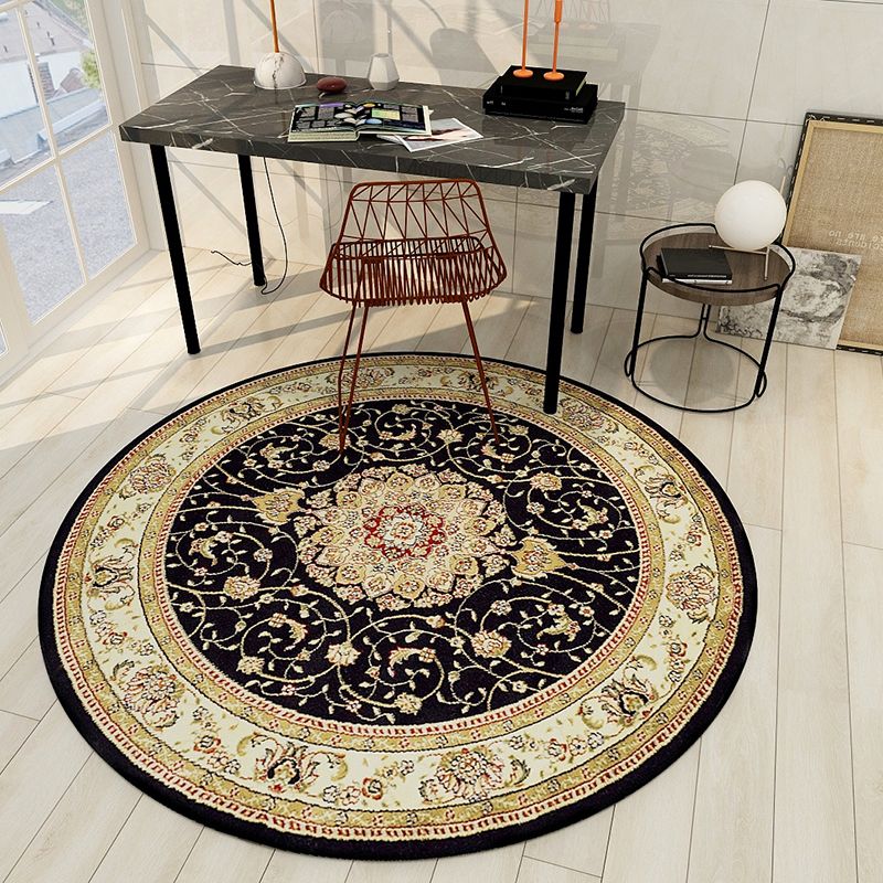 Round Yellow Tone Traditional Indoor Rug Polyester Floral Print Rug Non-Slip Backing Indoor Rug for Living Room