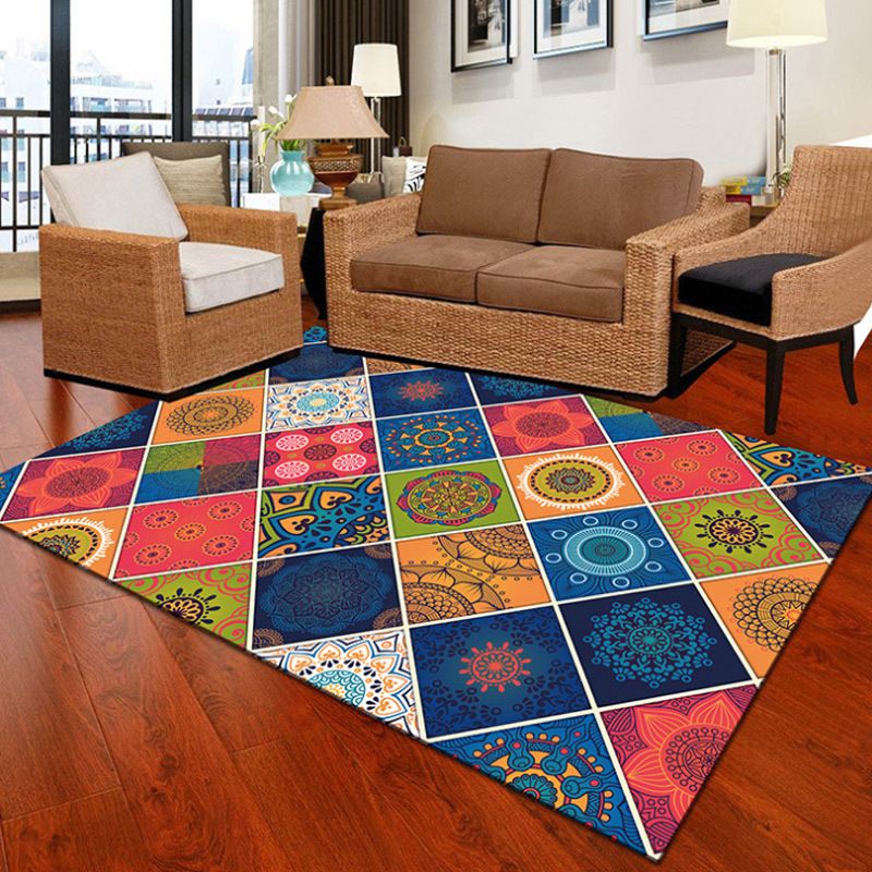 Mediterránea alfombra marroquí Multicolor Floral Square Circle Patrón Rug Polyéster Área sin deslizamiento Alfombra para decoración del hogar