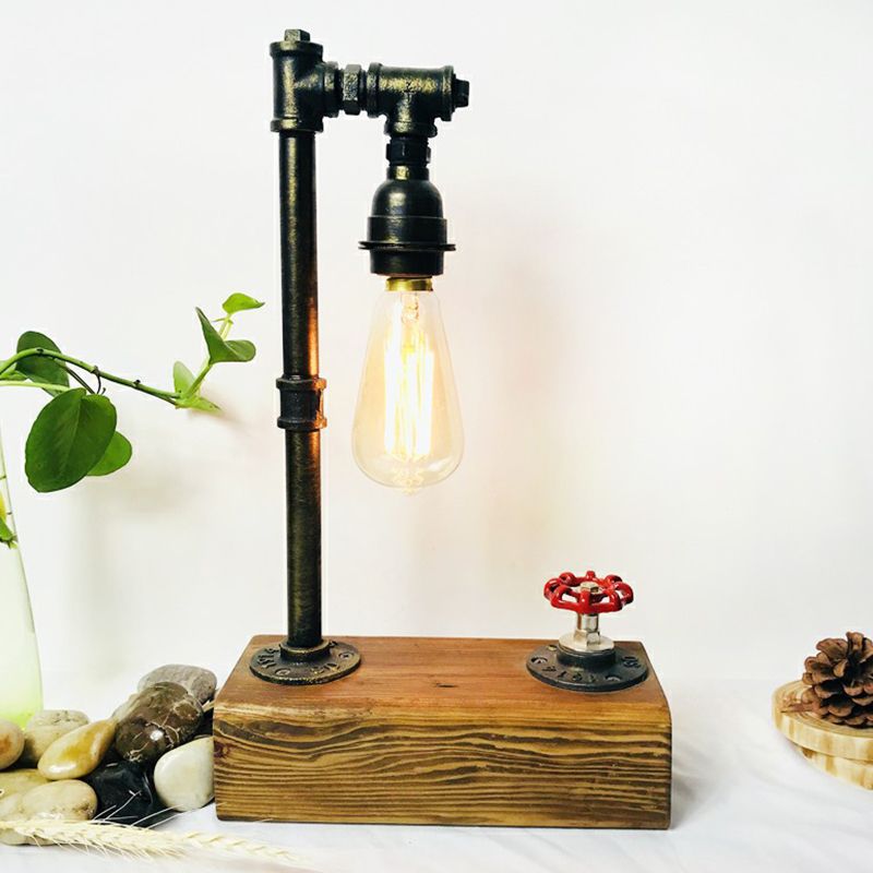 Bronze Finish Water Pipe Table Light Industrial Iron 1-Light Bedroom Night Lamp with Wooden Base and Valve Dimmer Switch