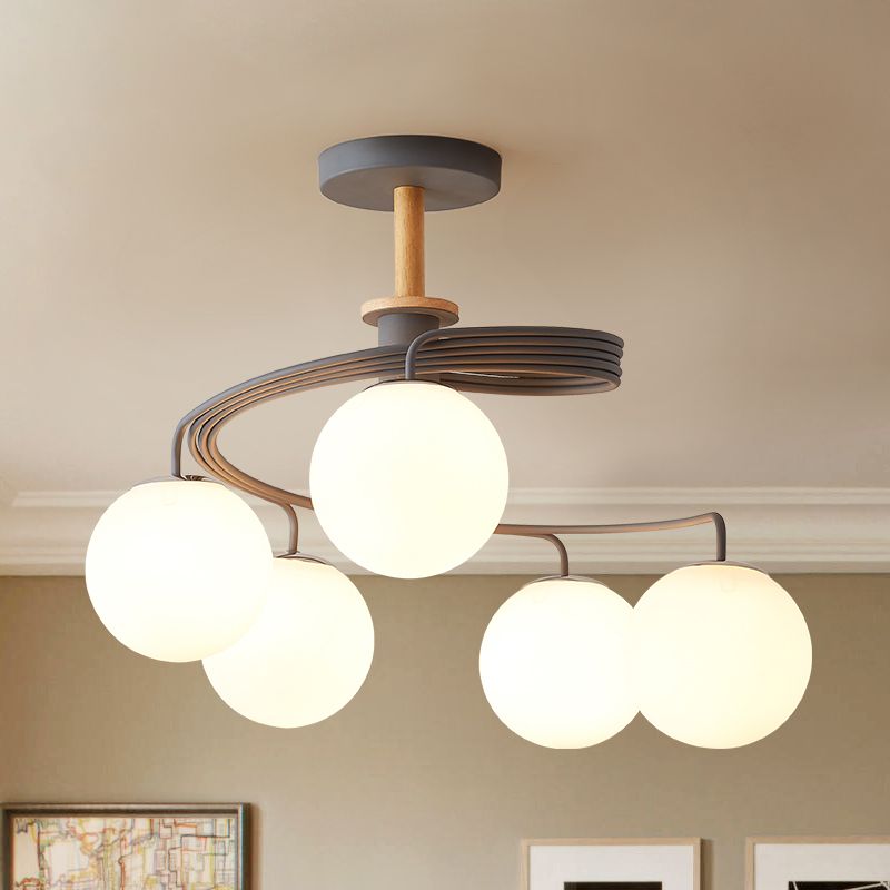 Swirl Flush Chandelier Nordic Iron 5 Bulbs Grey/Green Semi Flush Ceiling Light with Orb Glass Shade and Wood Downrod