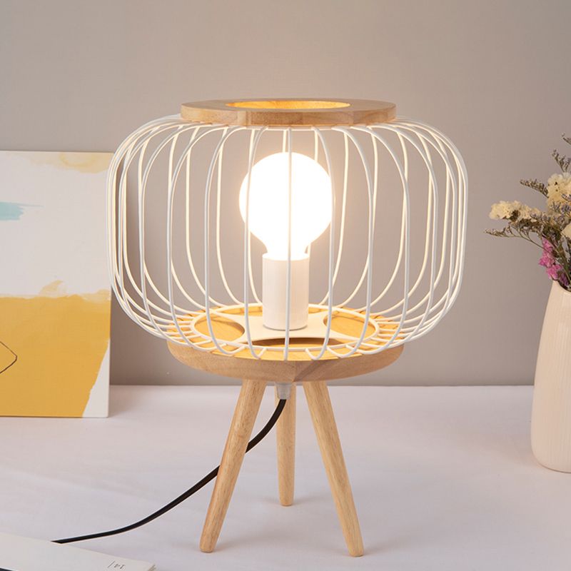 Drum Cage Iron Table Light Modernist 1 Head White/Black Finish Desk Lamp with Wood Tripod Base