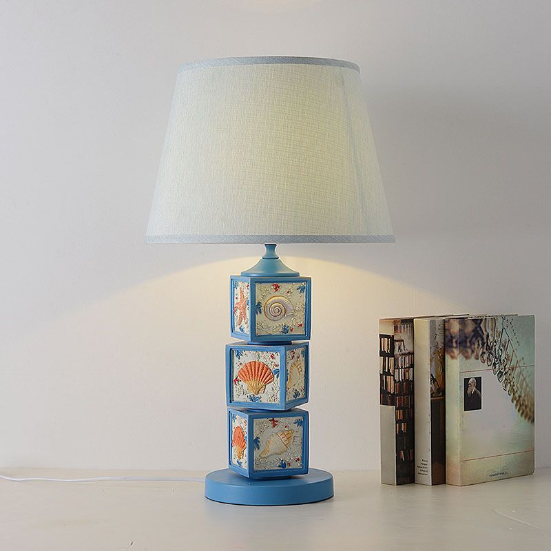 Stacked Cube Desk Lighting Mediterranean Resin 1 Bulb Light/Sky Blue Night Lamp with Barrel Fabric Shade