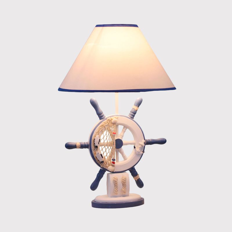 Resin Rudder Base Desk Lamp Children Single Bulb Blue Night Light with Cone White Fabric Shade