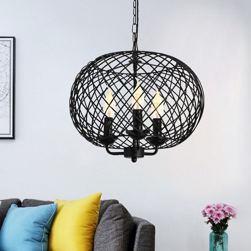 Black 3 Bulbs Hanging Chandelier Lamp Industrial Metal Mesh Drum Shade Ceiling Fixture for Dining Room