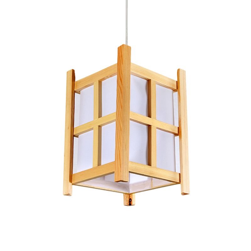 Wooden Square Pendant Lighting Asian 1-Light Hanging Lamp with Paper Shade for Restaurant