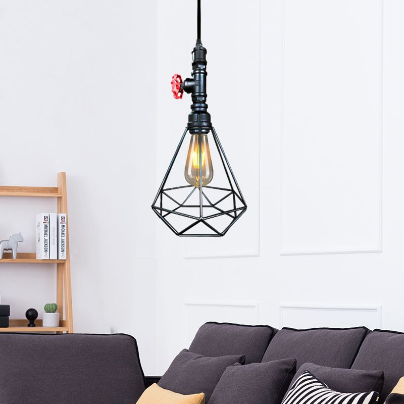 1-Light suspendu plafonnier Village Diamond Metal Cage Prendant Whited Fir Pendant luminaire en noir / en cuivre / or pour le salon