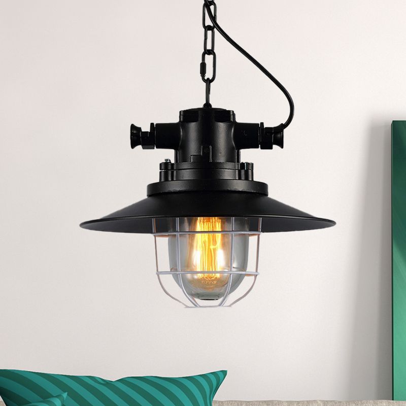 Metal Black Down Lighting Industrial Caged 1-Head Vintage Hanging Ceiling Lamp with Clear Glass Shade