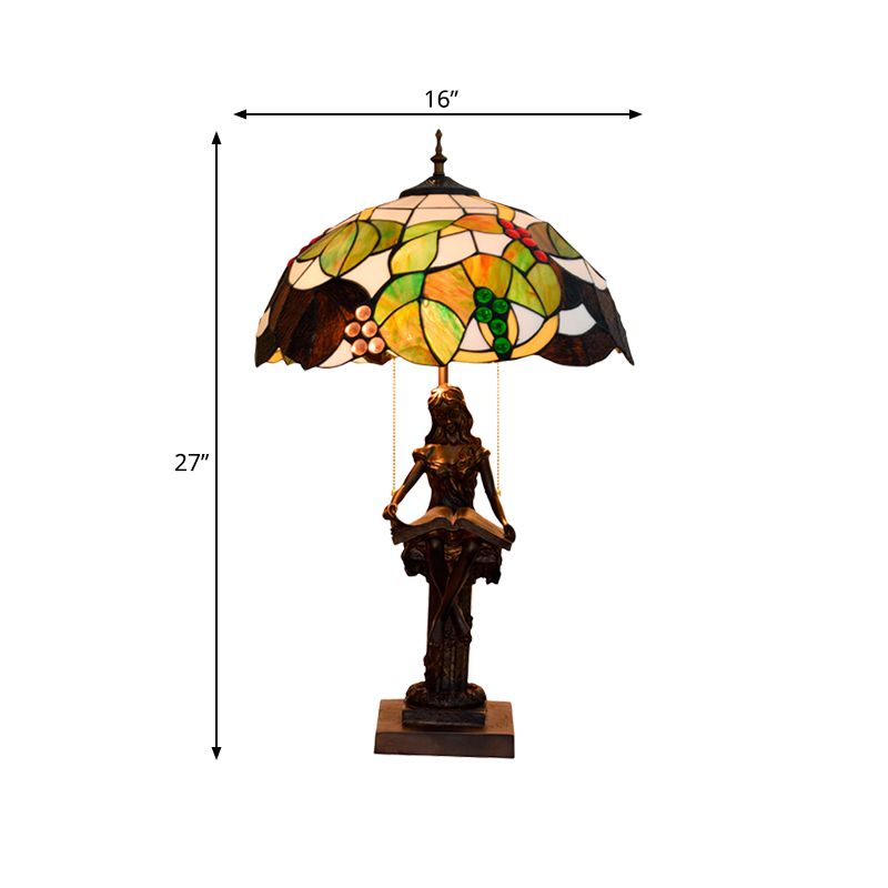 Green Glass Grapevine Night Lamp Tiffany 2-Head Coffee Pull Chain Table Lighting with Reading Girl Base in Coffee