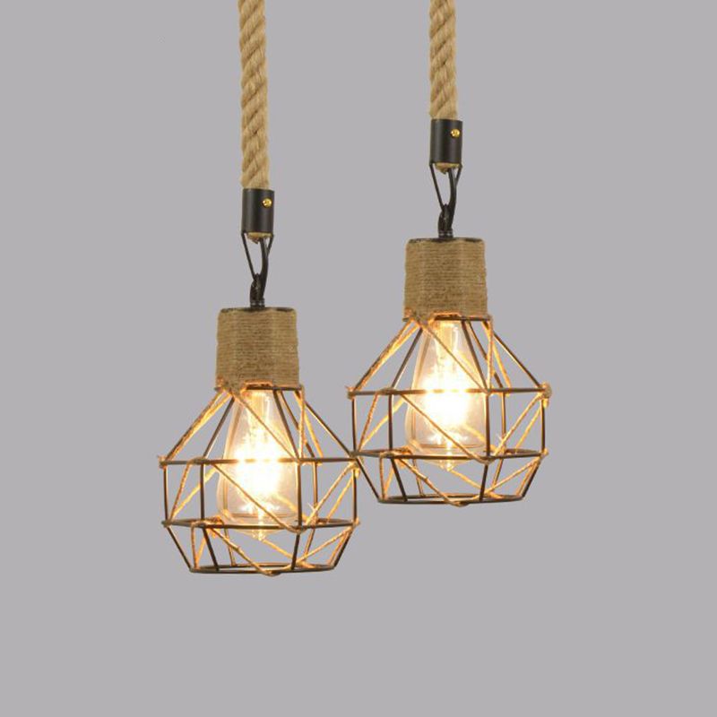 Iron Black Ceiling Pendant Light Globe Cage 1-Head Industrial Suspension Lighting with Rope Cord