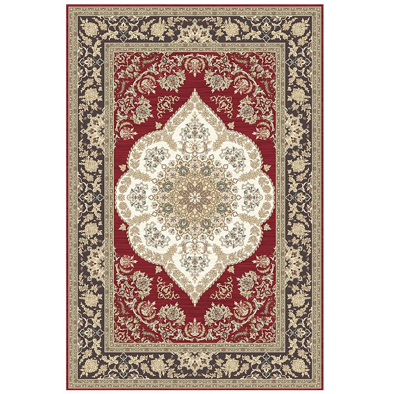 Moroccan Symmetrical Printed Rug Red Tone Polyester Area Carpet Non-Slip Backing Rug for Living Room