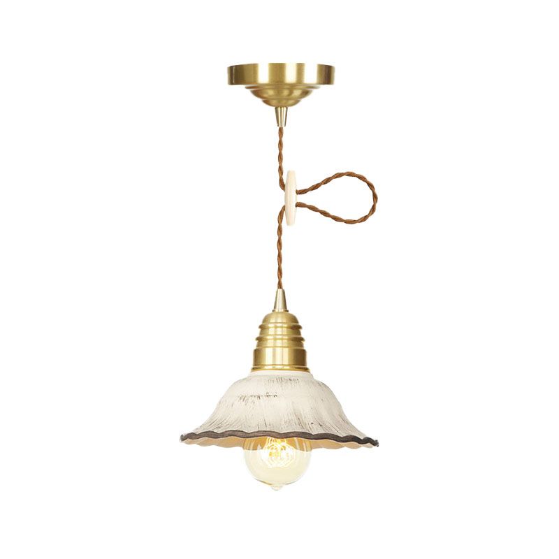 Industrial-Style Scalloped Hanging Light Kit 1 Head Ceramics Pendant Lamp Fixture in Gold