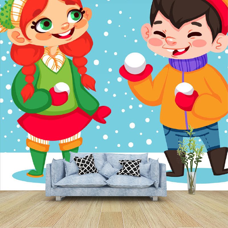 Cartoon Childrens Wall Murals with Kids Playing Snow Pattern Red-Yellow-Blue-Green Wall Art