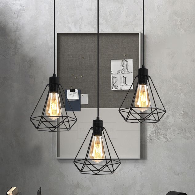 Filo metallico lampada sospesa con tonalità diamante in stile retrò 3 teste a soffitto interno in nero