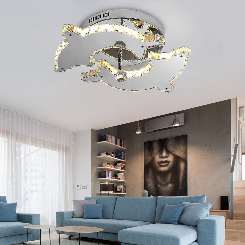 Modern Style Dolphin Semi Flush Mount Light Crystal and Metal 2/3 Heads Ceiling Light in Nickel