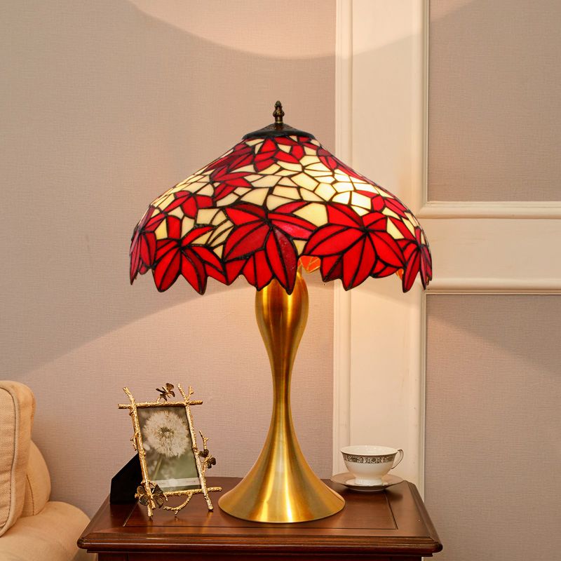 Traditional Leaf-Edge Bowl Desk Lamp 1 Bulb Handcrafted Stained Glass Night Light with Pull Chains in Red