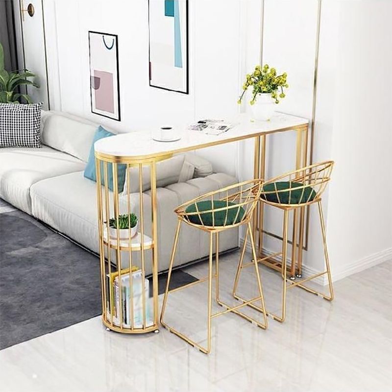 Glam White Faux Marble Pub Bar Table Gold Iron Double Pedestal Bar Dining Table with Shelf