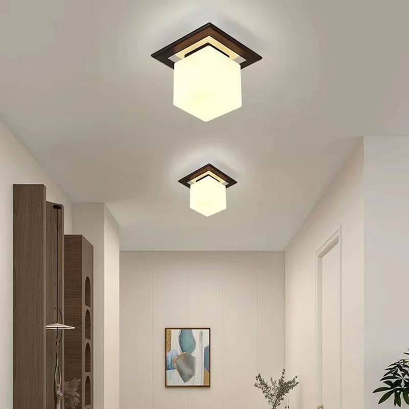 Modern Wood Flush Mount Square Shape Ceiling Light with Glass Shade for Living Room