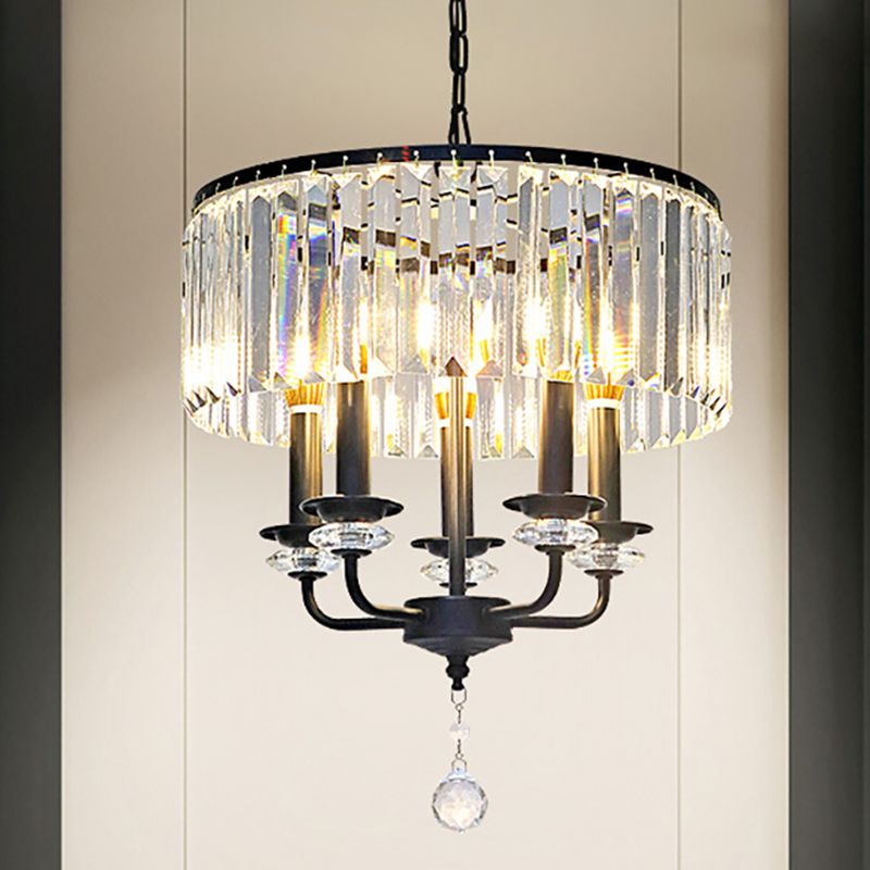 Clear Crystal Block Chandelier Lamp with Drum Shade Modernist 5 Lights Suspension Light in Black