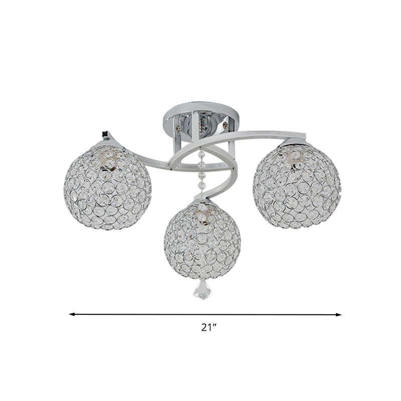 3/5 Lights Globe Semi Flush Light Fixture Simple Chrome Crystal Semi-Flush Mount for Living Room