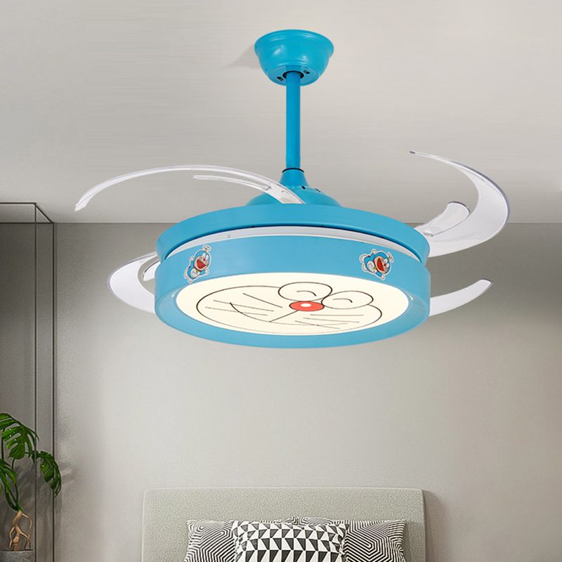 Acrylic Drum Semi Flushmount Nordic Kids 47" W LED Blue Hanging Ceiling Fan Light with Cartoon Cat Pattern for Bedroom, 4 Clear Blades