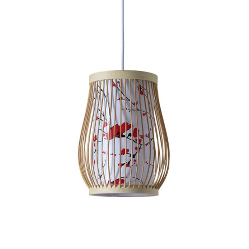 Chinoiserie Woven Hanging Light Fixture Bamboo Single Tea Room Ceiling Light with Print Lampshade