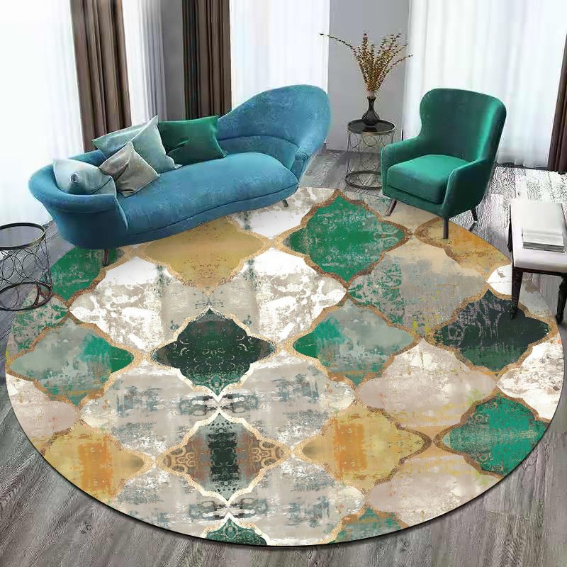 Green and Yellow Moroccan Rug Polyester Azulejo Print Rug Washable Non-Slip Backing Carpet for Living Room