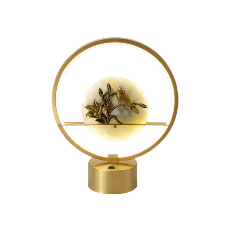 Circle Night Table Light Modernist Metal LED Gold Desk Lamp with Inner Flower and Bird Decor