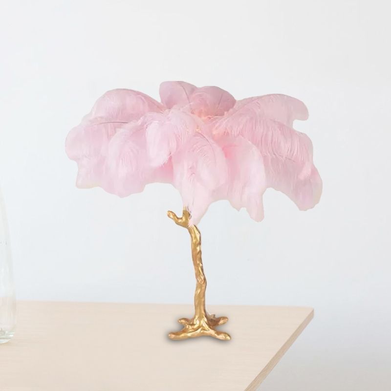 Artistic Coconut Tree Night Lamp Feather 1 Head Living Room Table Light in Pink and Gold