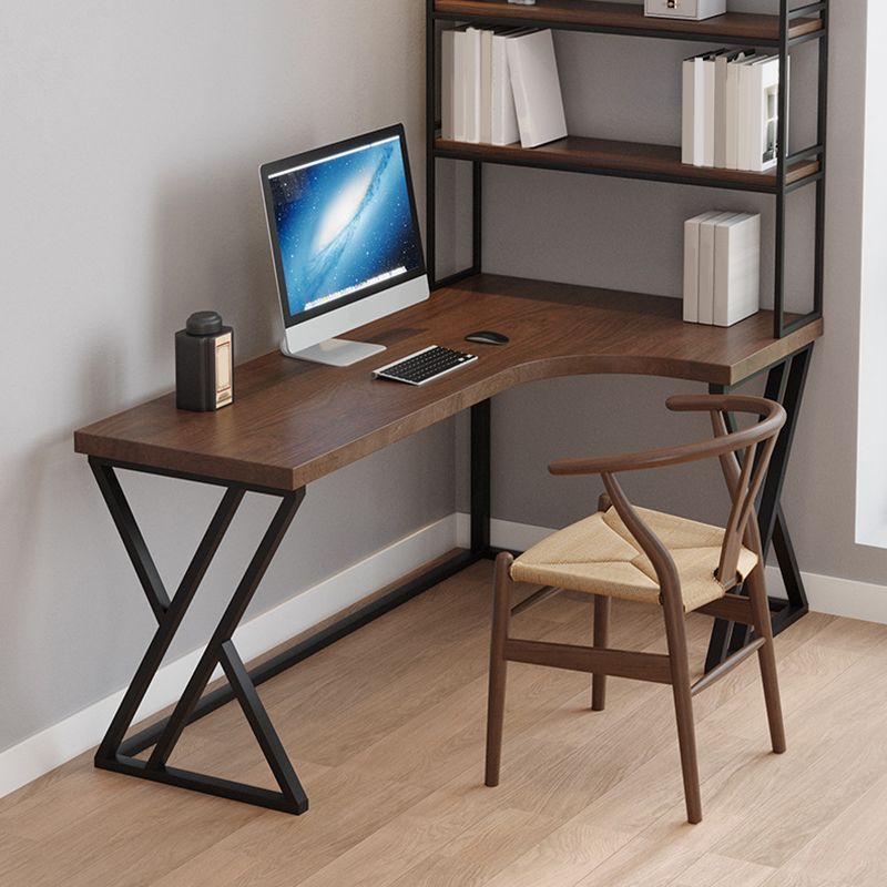 Metal and Wood Corner Writing Desk Industrial Brown Office Office Desk With Bookshelf