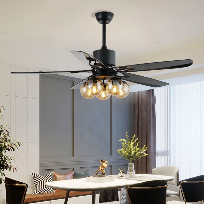 Black 5 lampadina ventola soffitto luce anticato vetro trasparente globale lampada montata semi con 5 pale, larghe 56 "