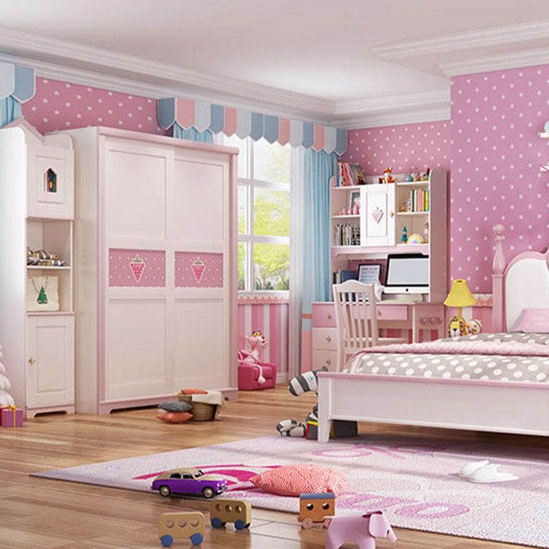 Contemporary Wooden Youth Armoire Pink Bedroom Kids Closet with Sliding Door