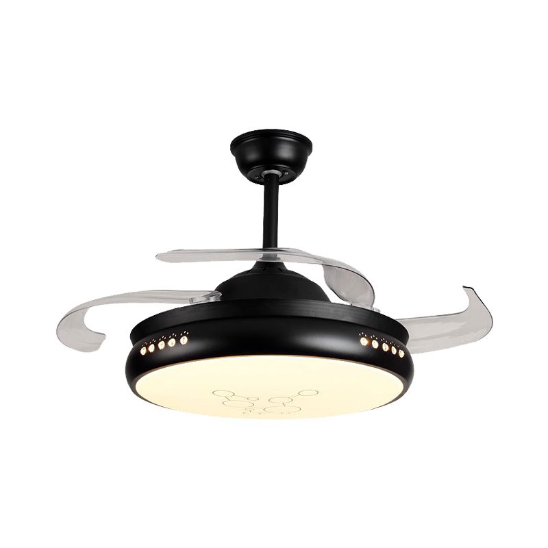 42" Wide LED Round Semi Flush Mount Simple Black/White Finish Metal 3 Clear Blades Hanging Fan Light with Acrylic Shade