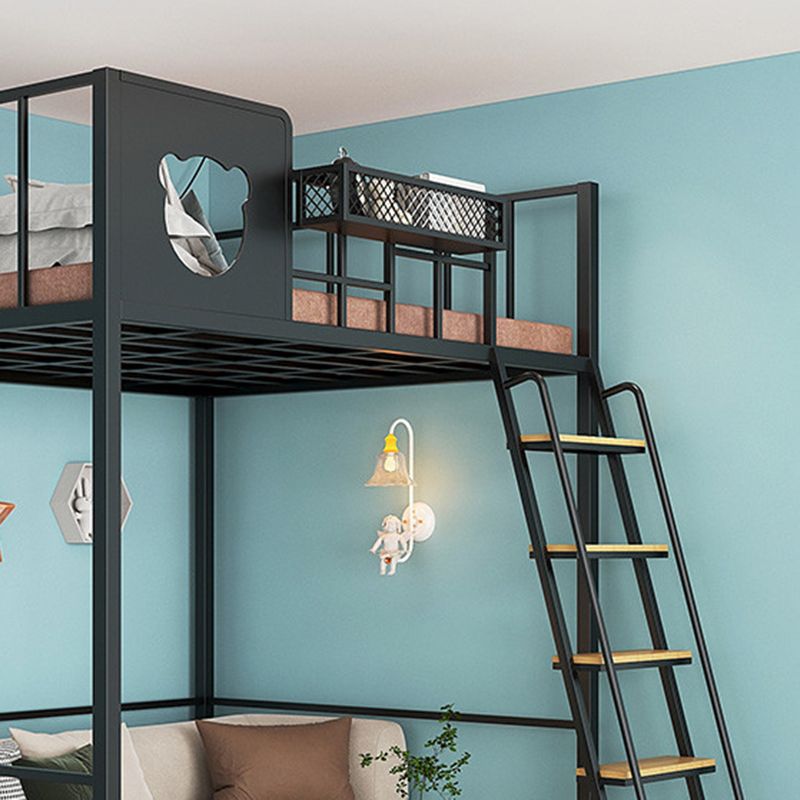 Contemporary Loft Bed in Iron with Guardrail and Staircase/Built-In Ladder