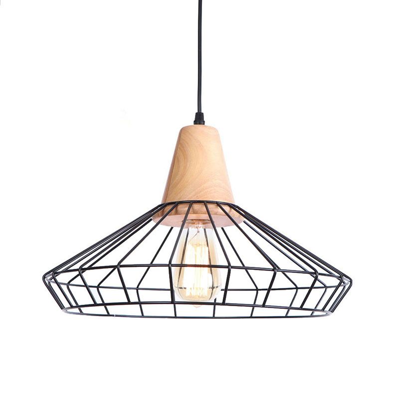 Black Iron Cage en bois Hanging Light Vintage Industrial Style Suspension Lampe pour le couloir de l'allée