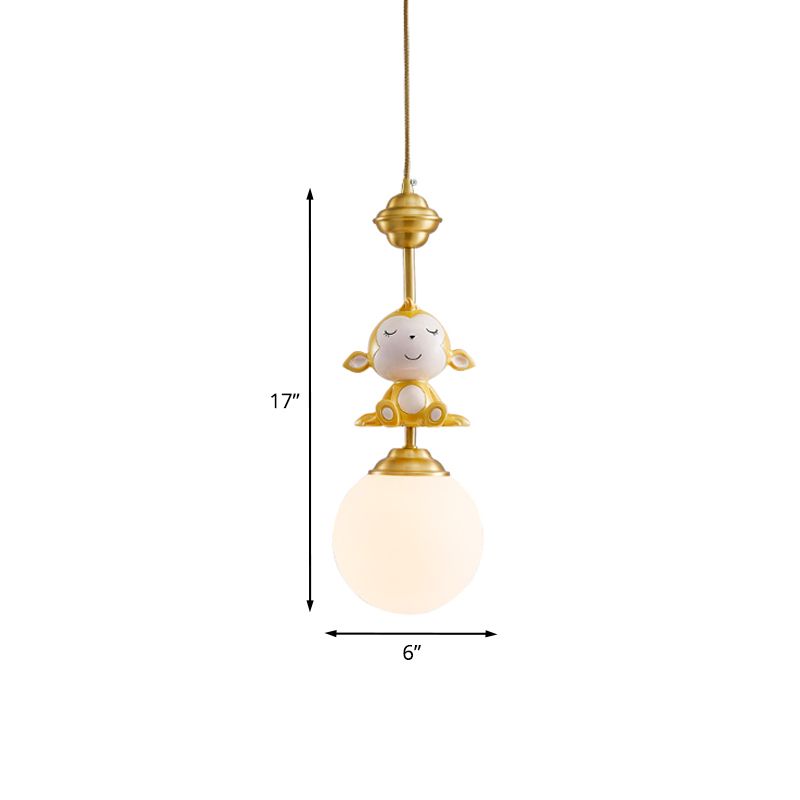 Gold Finish Monkey Pendulum Lamp Cartoon 1 Bulb Resin Suspension Light with Ball Frosted Glass Shade