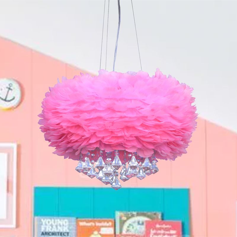 Pink Dome Pendant Light Contemporary 3 Lights Feather Chandelier Lamp with Crystal Draping