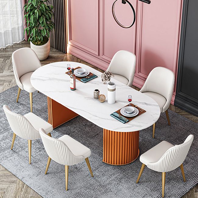 Contemporary Oval Dining Table Sintered Stone Dining Table with Double Pedestal for Dining Room