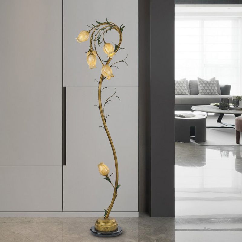 6 Lights Beige Glass Tree Floor Lamp Rural Floral Bedroom Standing Light in Brass for Bedroom