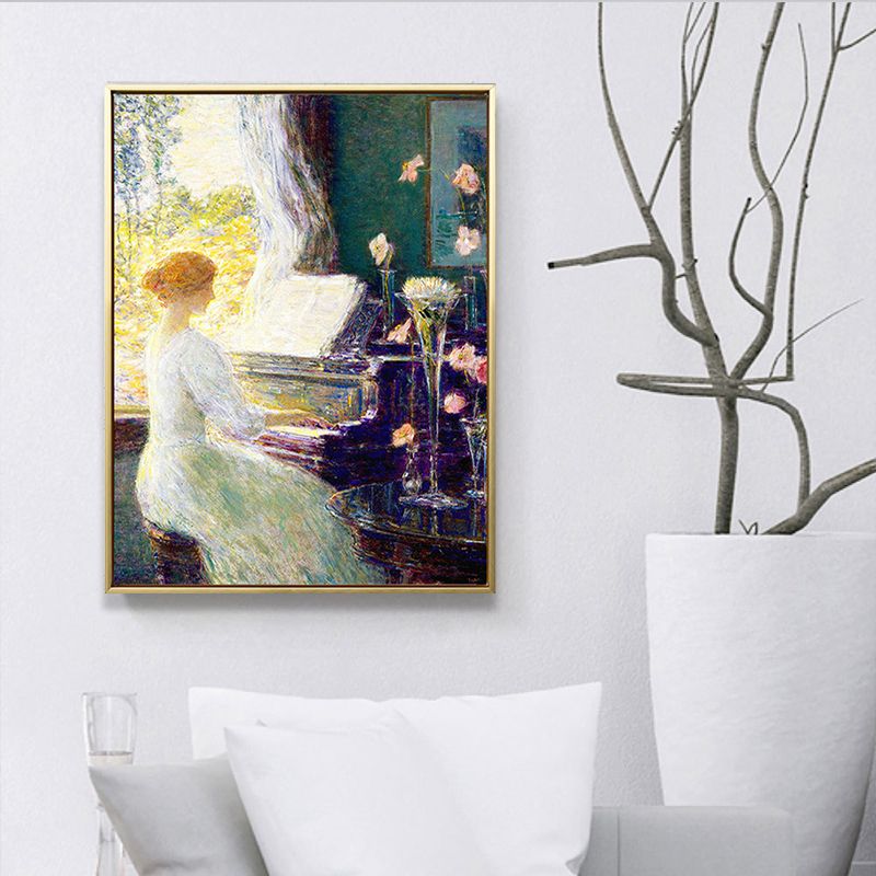 Musical Canvas Print Retro Elegant Lady Playing Piano Wall Art Decor in White-Green