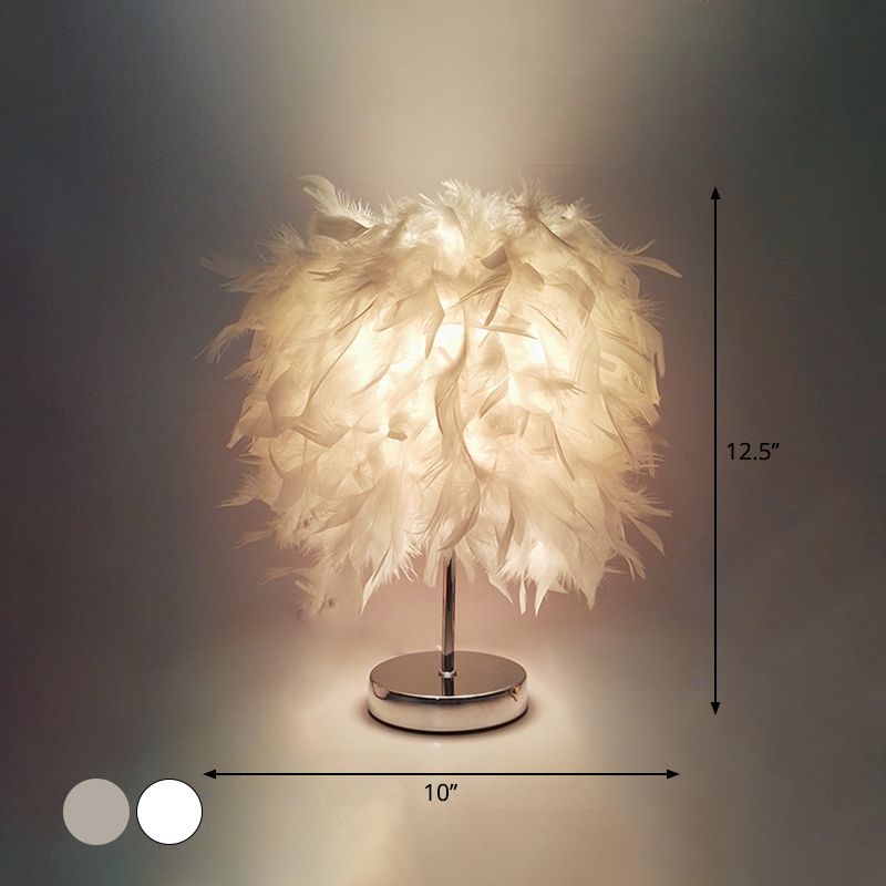 8.5"/10" Wide Ball Shaped Table Light Simple Feather Single Kids Room Night Stand Lamp in White/Chrome