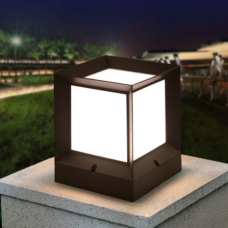Rectangular Shape Metal Pillar Lamp Modern Style 1 Light Waterproof Outdoor Light in Black