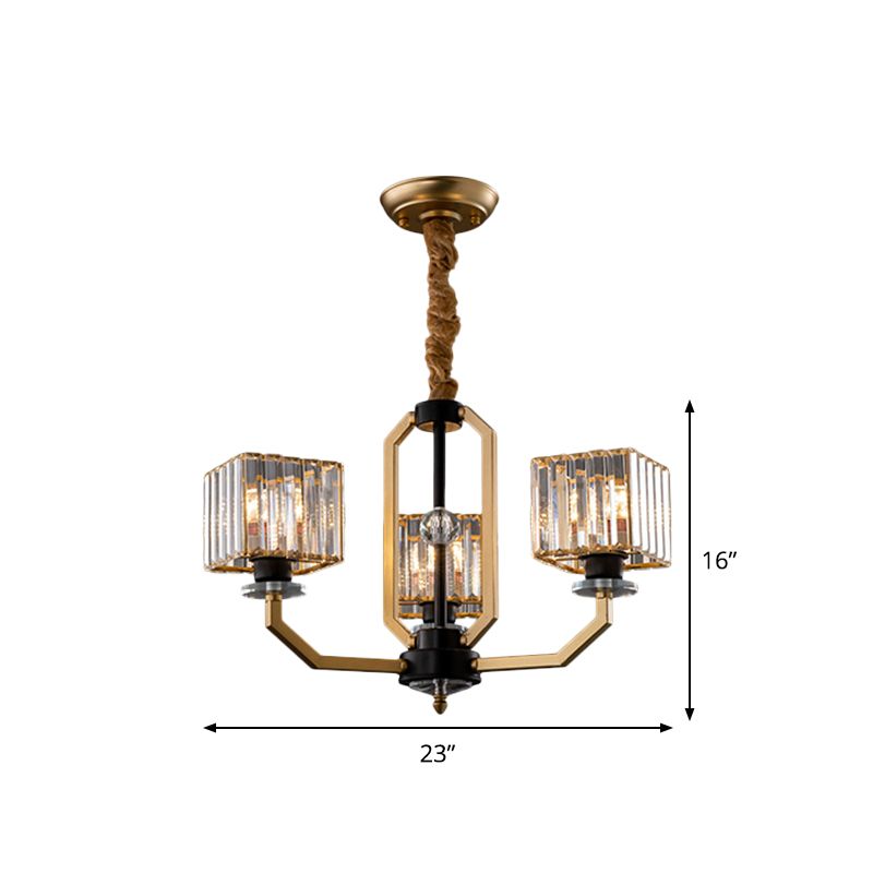 3/6 Bulbs Dining Room Chandelier Light Contemporary Gold Ceiling Lamp with Cubic Crystal Block Shade