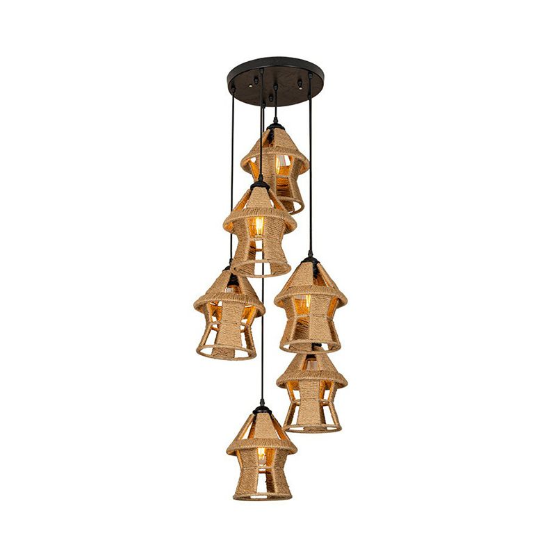 Hand-Wrapped Rope Cluster Cabin Pendant Country 3/6 Bulbs Living Room Round/Linear Ceiling Suspension Lamp in Brown