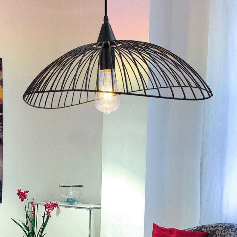 8"/19.5" Dia Caged Ceiling Light Industrial Style Metal 1 Head Kitchen Suspension Light with Waveforms Design in Black