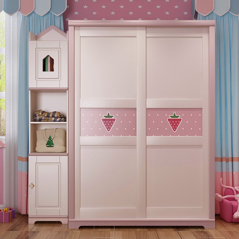 Contemporary Wooden Youth Armoire Pink Bedroom Kids Closet with Sliding Door