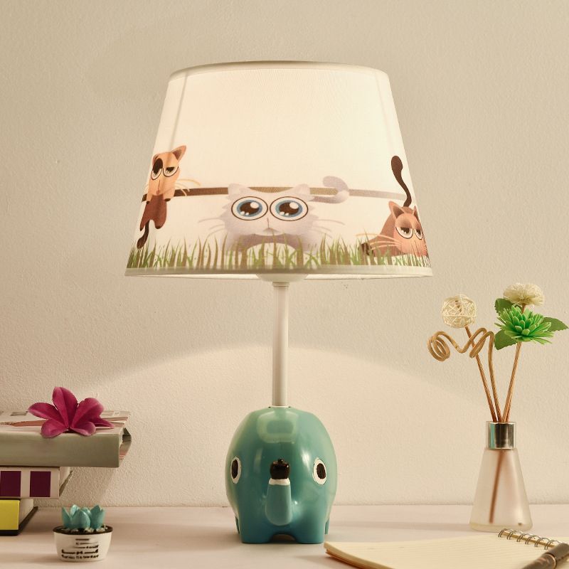 Cartoon Tapered Table Lighting Patterned Fabric 1-Light Child Room Nightstand Lamp with Resin Elephant in Blue