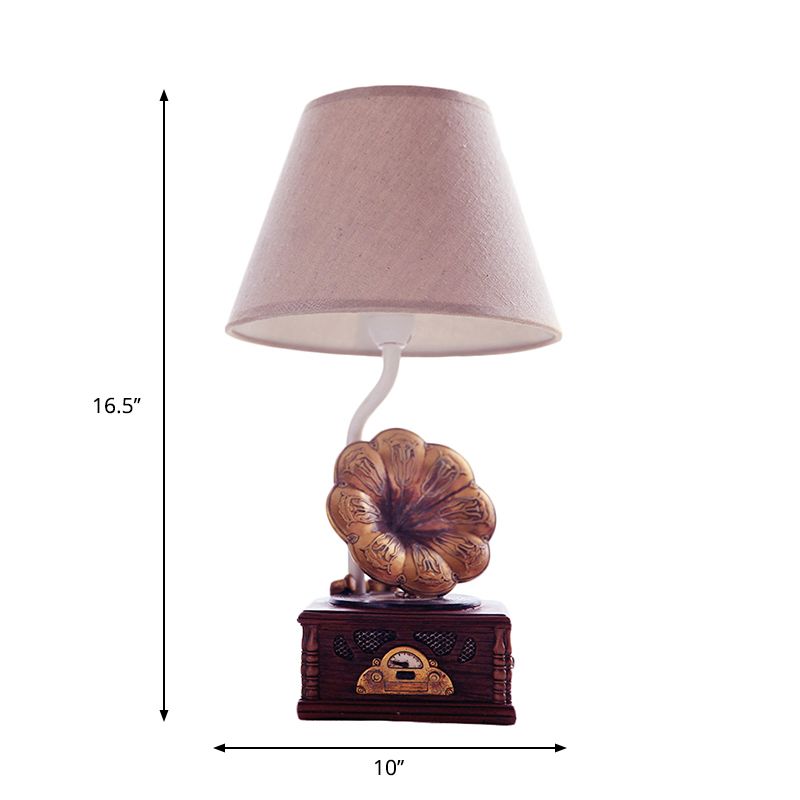 Modern Conical Table Light Fabric 1 Light Study Room Reading Lamp with Phonograph Base in Brown