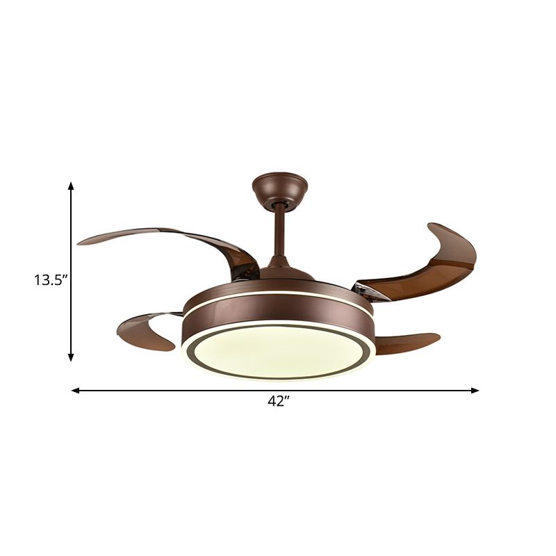 Luz de ventilador de techo de anillo de café Minimalismo Led acrílico Sala de estar semi iluminación con 4 cuchillas marrones, 42 "de ancho