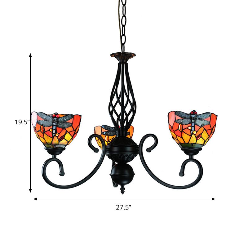 Stained Glass Dragonfly Suspension Light with Curved Arm Lodge Style Multi Color Chandelier for Foyer