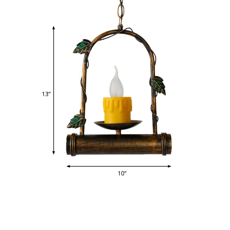 Rustic Candle Hanging Ceiling Light 1 Light Metal Pendant Lighting in Antique Brass with Arced Frame